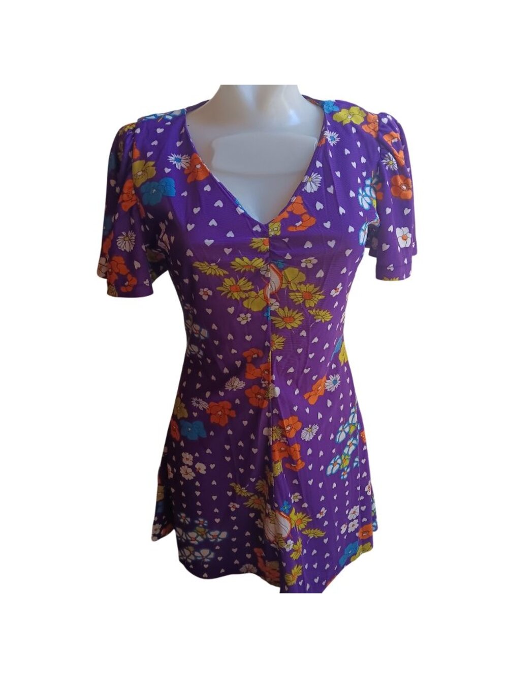 True Vintage 6/8 Mini Dress Disco Mod 1970's Purple Heart Print Puff Sleeves